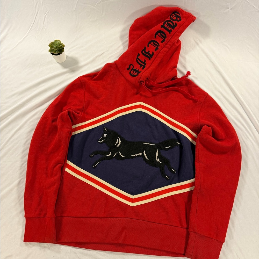 Gucci GG Jumping Wolf Striped Graphic Embroidered Sweatshirt Hoodie Size M Red